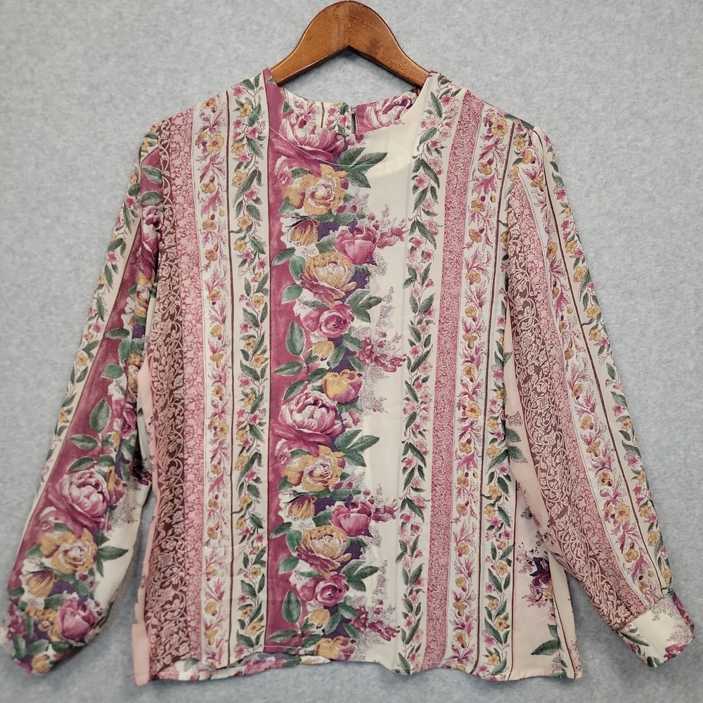 Vintage Lucia Blouse Top Womens Sz 10 Pink Rose Multi Floral Stripe Long Sleeve